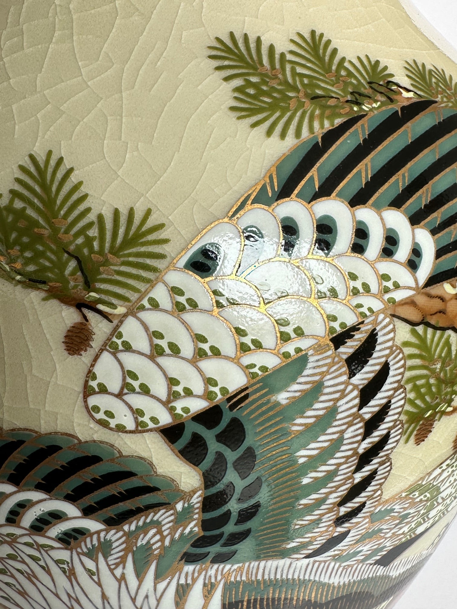 Japanese Satsuma Vase with Eagle & Pine Tree | Hand-Painted Crackle Glaze Art | Vintage Japanese Pottery