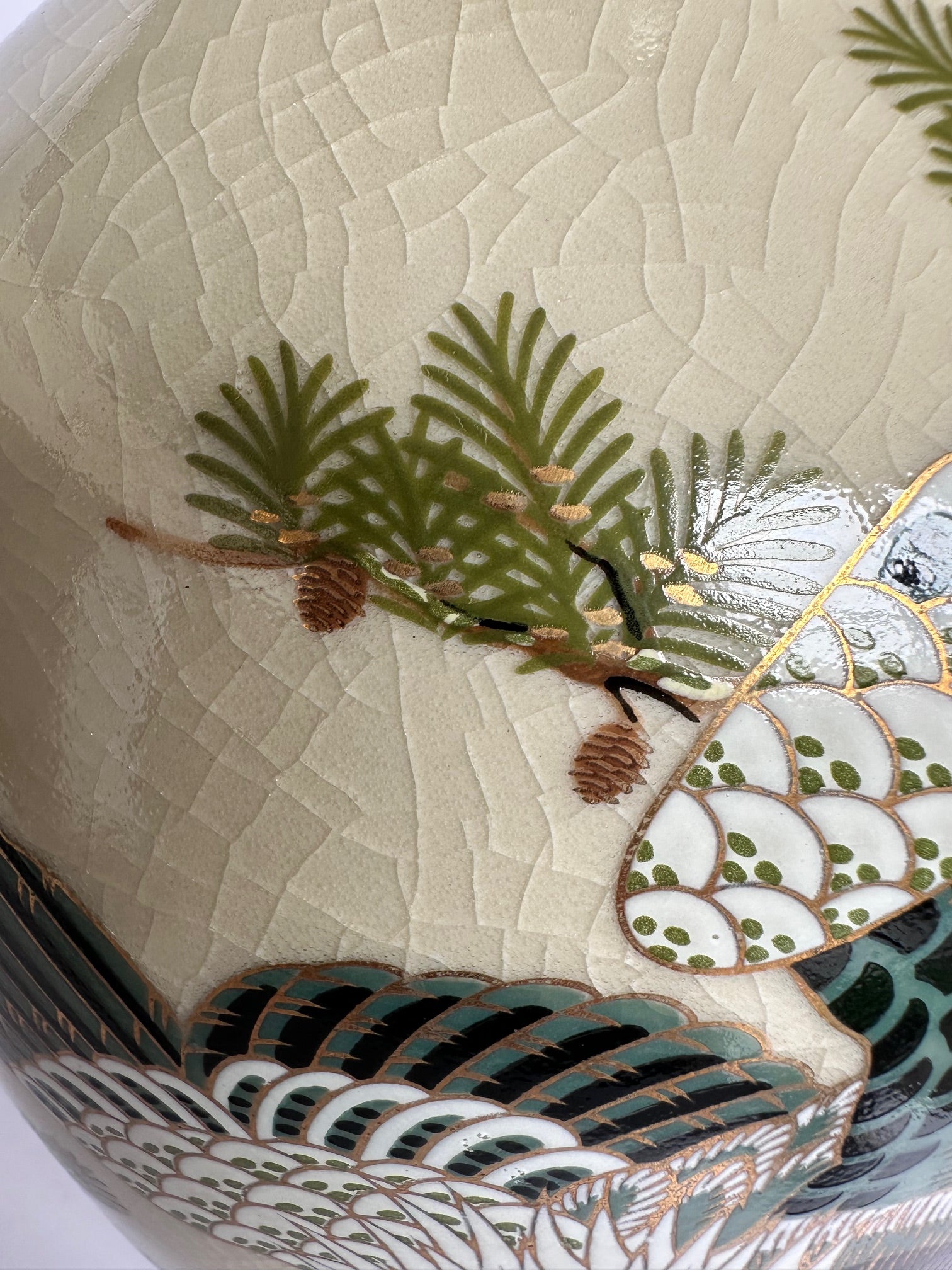 Japanese Satsuma Vase with Eagle & Pine Tree | Hand-Painted Crackle Glaze Art | Vintage Japanese Pottery