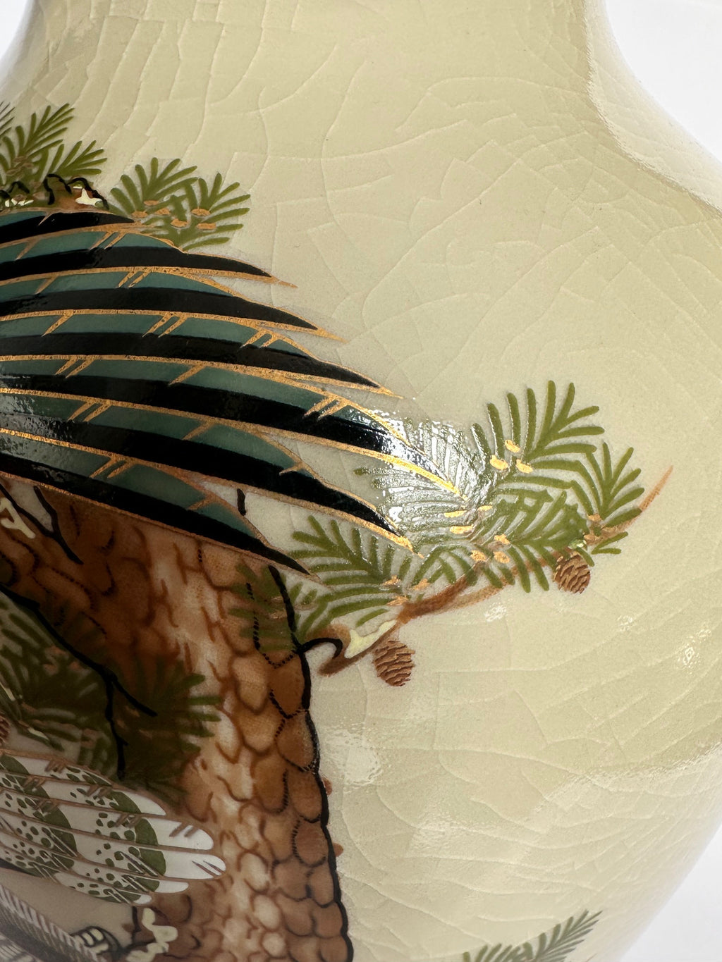 Japanese Satsuma Vase with Eagle & Pine Tree | Hand-Painted Crackle Glaze Art | Vintage Japanese Pottery