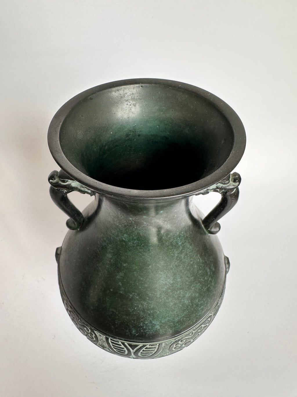 Vintage Japanese Bronze Vase – Verdigris Green Patina – Dragon Handle Amphora Vase
