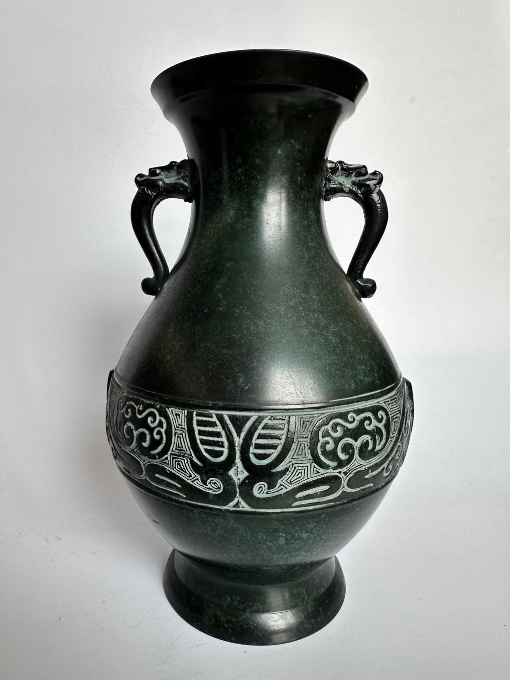 Vintage Japanese Bronze Vase – Verdigris Green Patina – Dragon Handle Amphora Vase