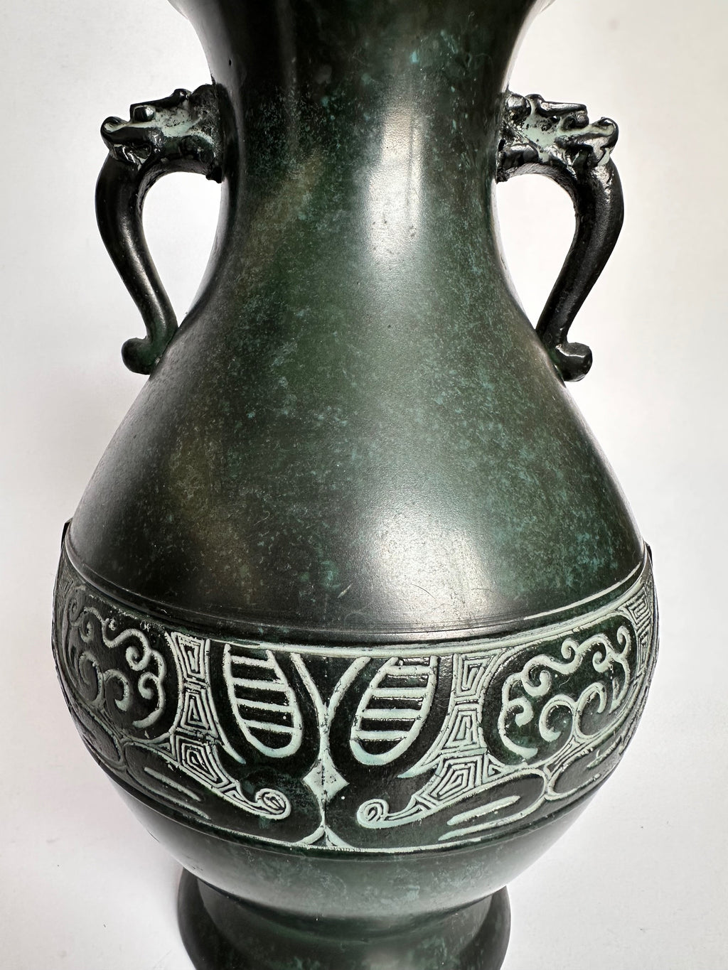 Vintage Japanese Bronze Vase – Verdigris Green Patina – Dragon Handle Amphora Vase