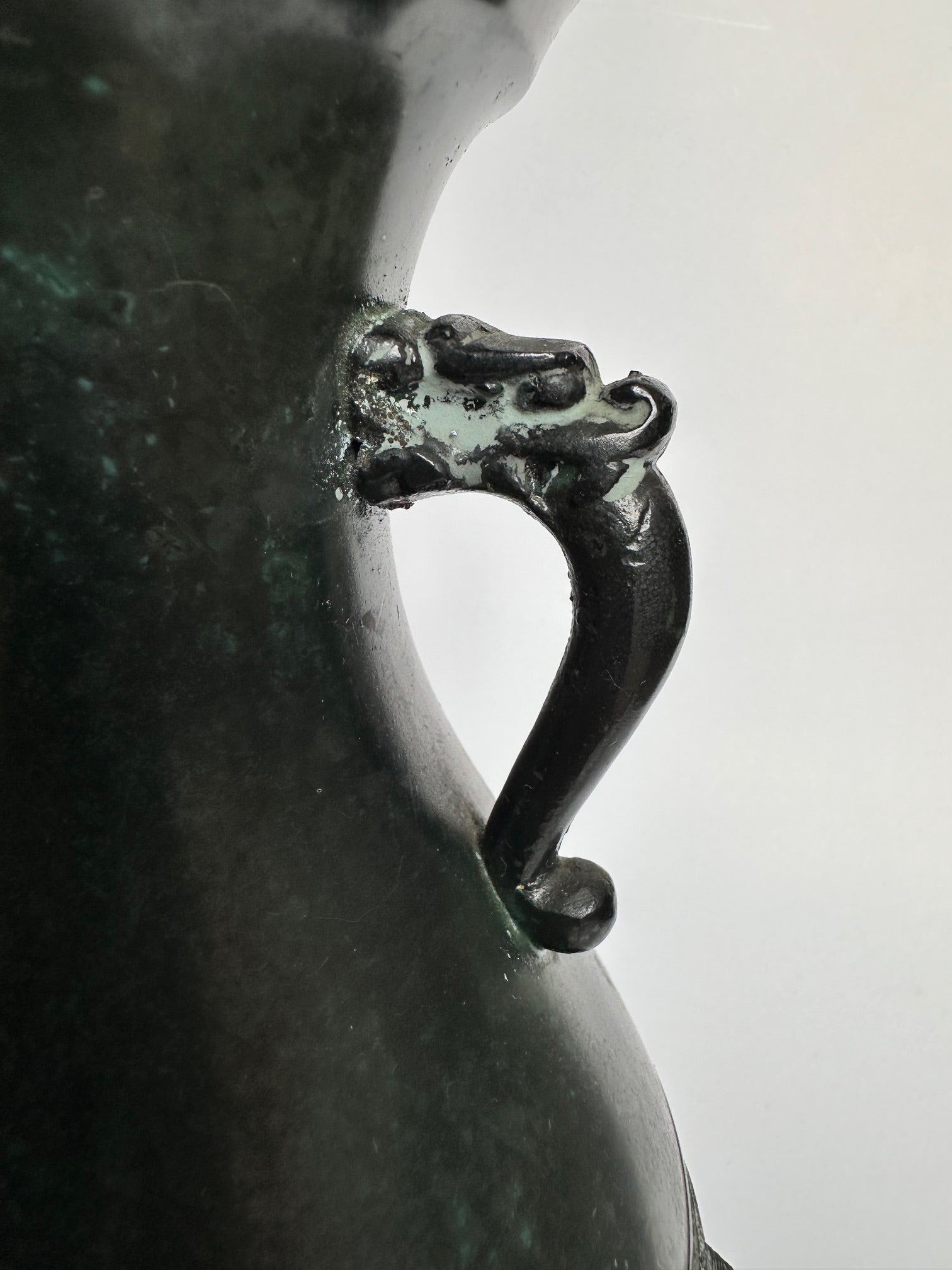 Vintage Japanese Bronze Vase – Verdigris Green Patina – Dragon Handle Amphora Vase
