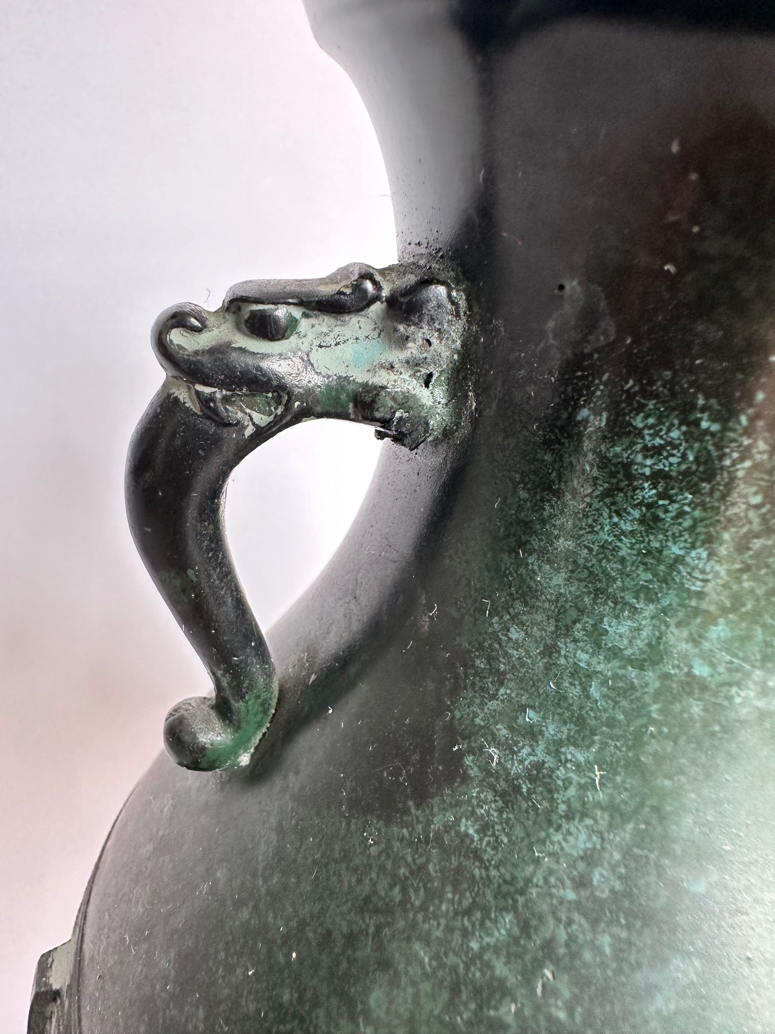 Vintage Japanese Bronze Vase – Verdigris Green Patina – Dragon Handle Amphora Vase