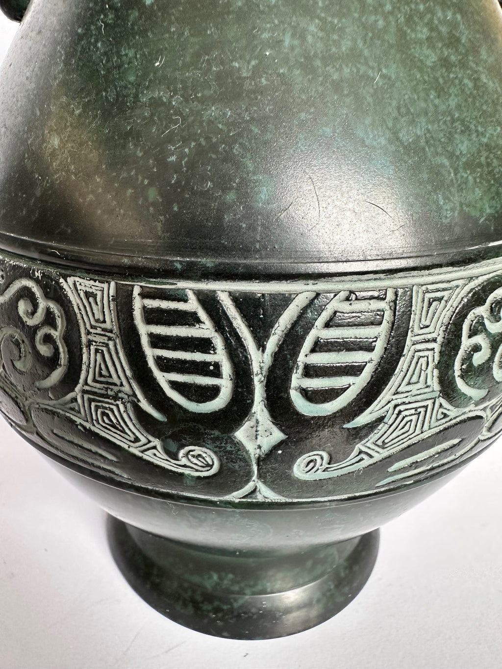 Vintage Japanese Bronze Vase – Verdigris Green Patina – Dragon Handle Amphora Vase