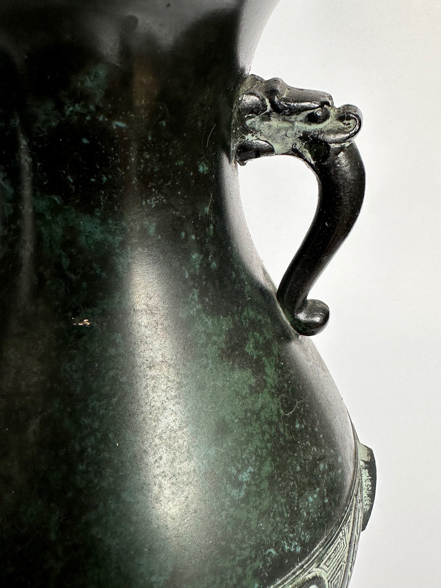 Vintage Japanese Bronze Vase – Verdigris Green Patina – Dragon Handle Amphora Vase