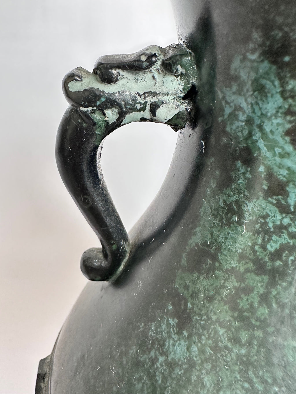 Vintage Japanese Bronze Vase – Verdigris Green Patina – Dragon Handle Amphora Vase