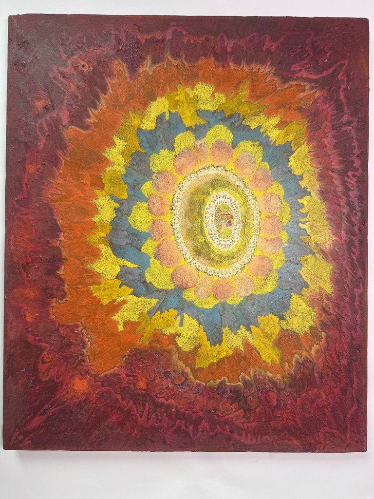Vintage Japanese Abstract Painting 1969, Ashiya Artist Kako Yoshio, Acrylic on Canvas, Mandala Flower Composition, Titled Hana