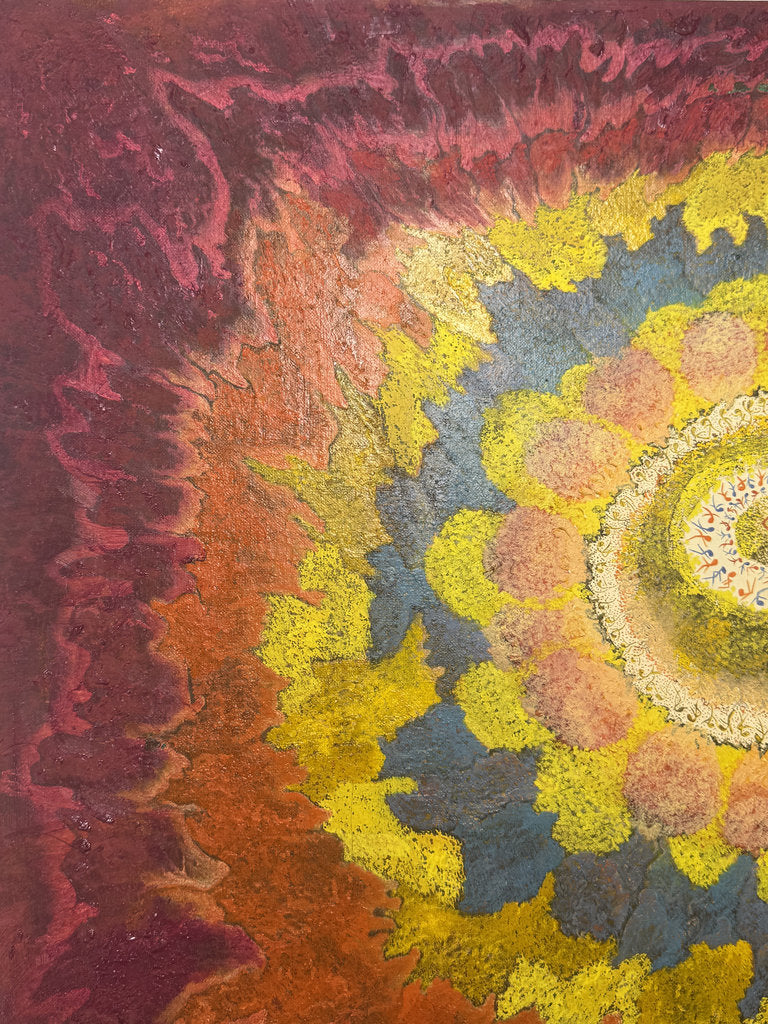 Vintage Japanese Abstract Painting 1969, Ashiya Artist Kako Yoshio, Acrylic on Canvas, Mandala Flower Composition, Titled Hana
