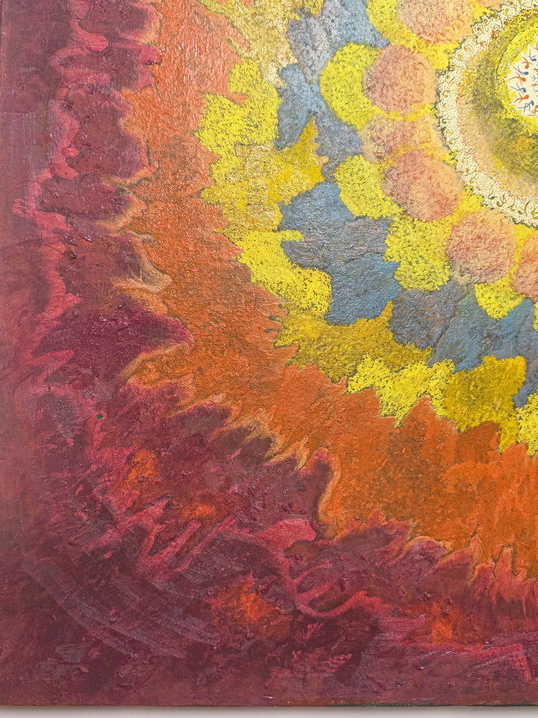 Vintage Japanese Abstract Painting 1969, Ashiya Artist Kako Yoshio, Acrylic on Canvas, Mandala Flower Composition, Titled Hana