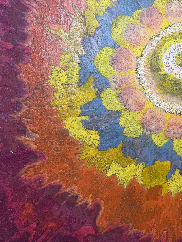 Vintage Japanese Abstract Painting 1969, Ashiya Artist Kako Yoshio, Acrylic on Canvas, Mandala Flower Composition, Titled Hana