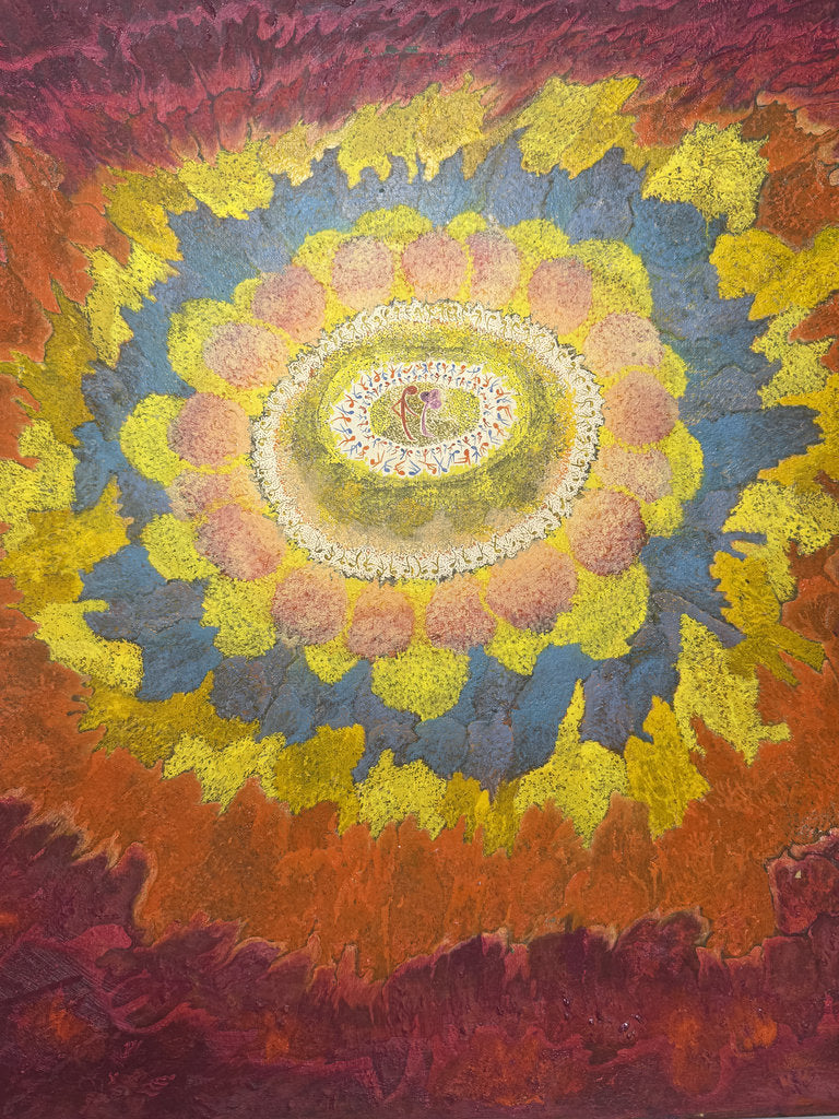 Vintage Japanese Abstract Painting 1969, Ashiya Artist Kako Yoshio, Acrylic on Canvas, Mandala Flower Composition, Titled Hana