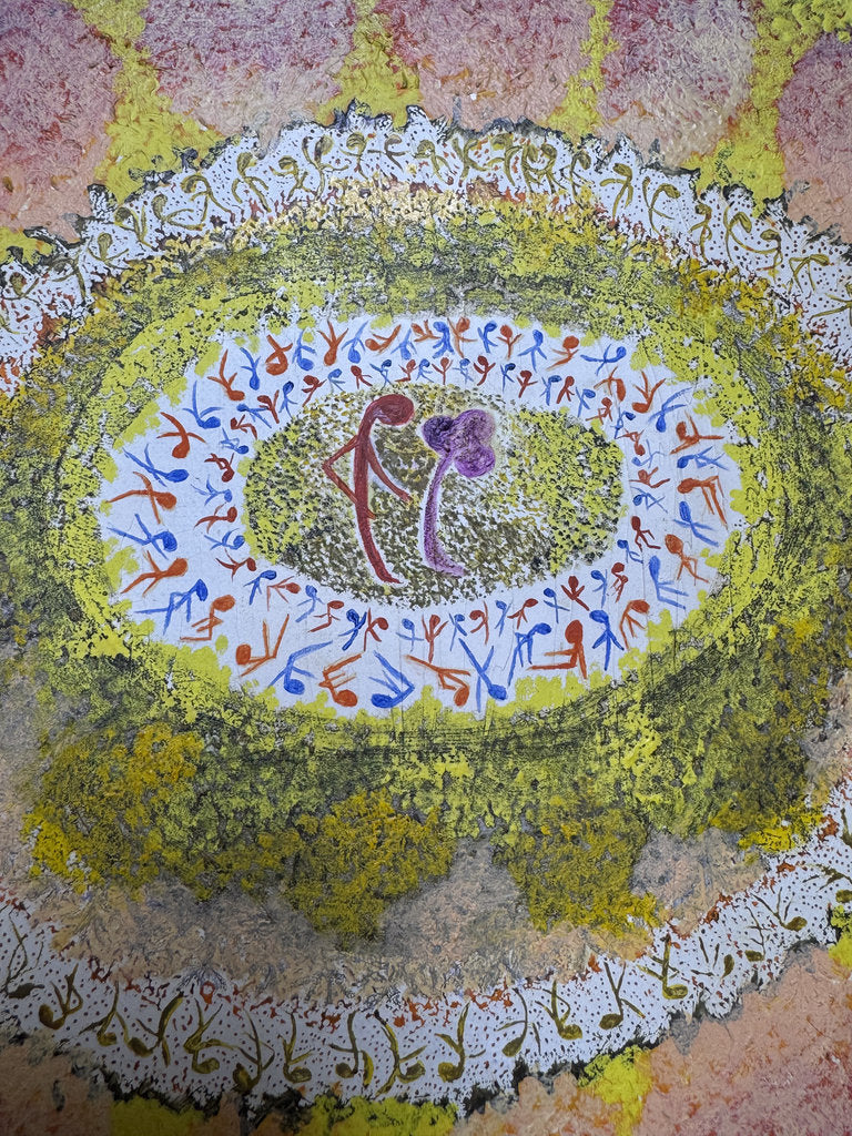 Vintage Japanese Abstract Painting 1969, Ashiya Artist Kako Yoshio, Acrylic on Canvas, Mandala Flower Composition, Titled Hana