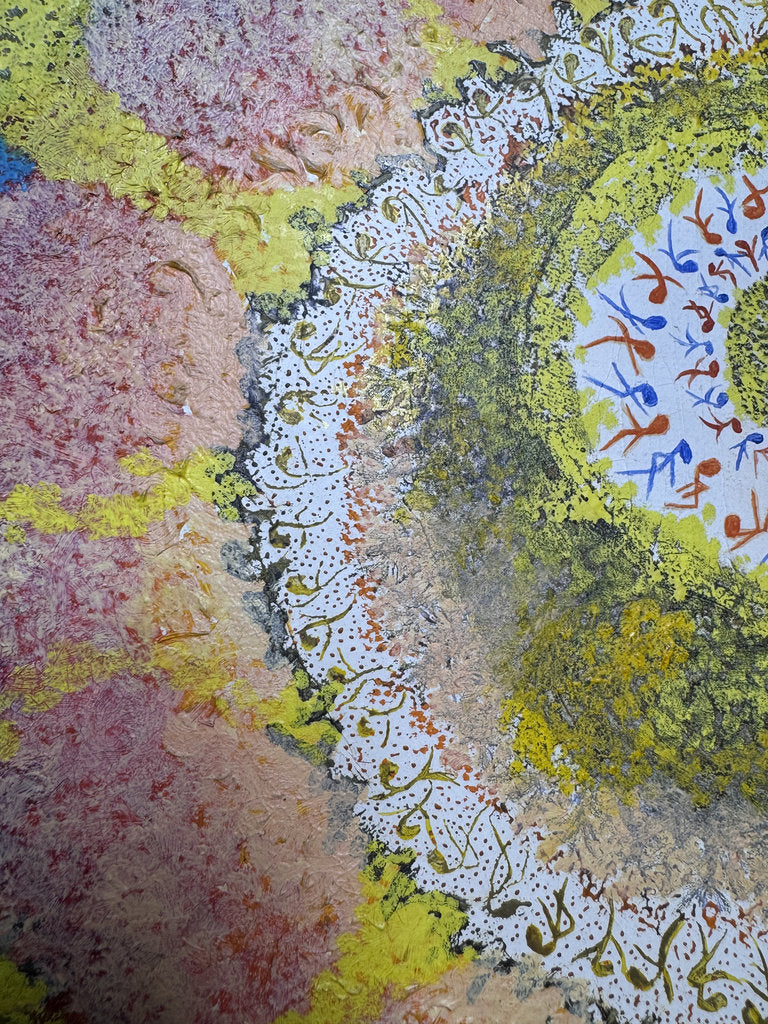 Vintage Japanese Abstract Painting 1969, Ashiya Artist Kako Yoshio, Acrylic on Canvas, Mandala Flower Composition, Titled Hana