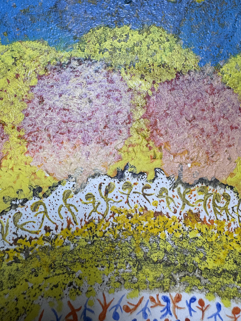 Vintage Japanese Abstract Painting 1969, Ashiya Artist Kako Yoshio, Acrylic on Canvas, Mandala Flower Composition, Titled Hana