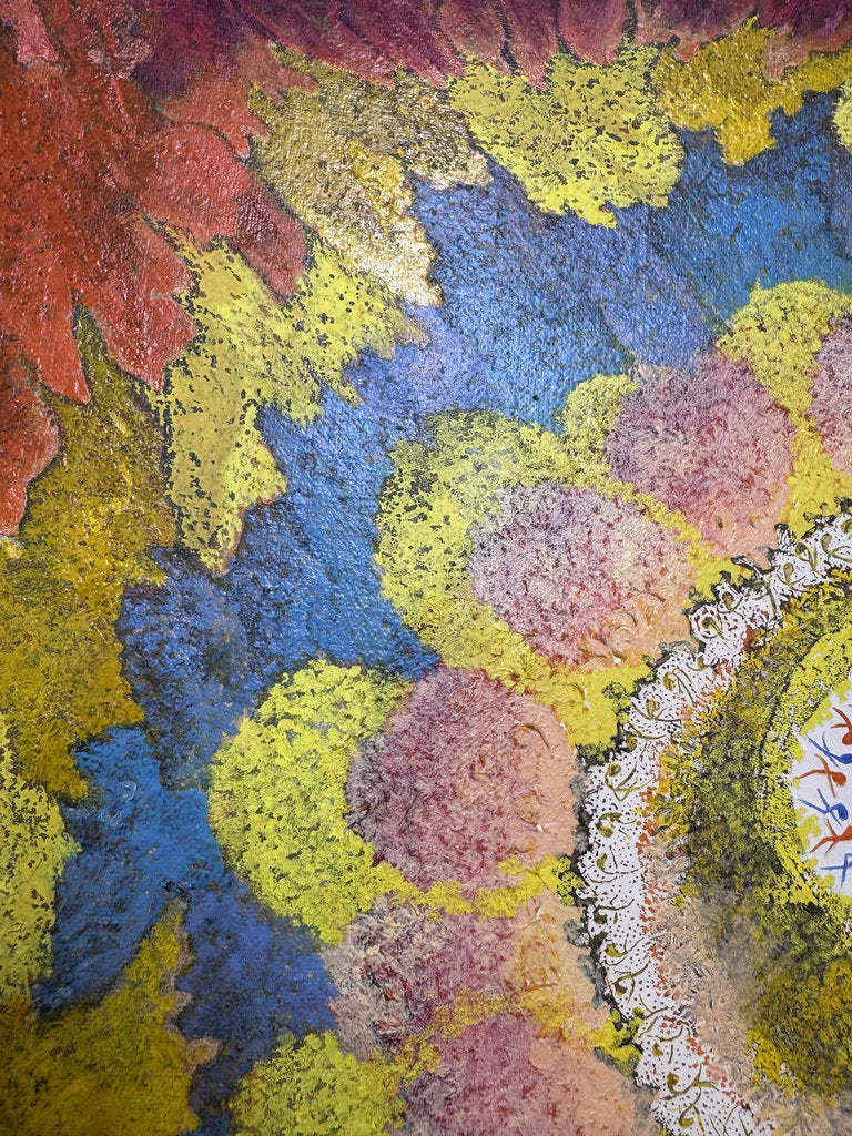 Vintage Japanese Abstract Painting 1969, Ashiya Artist Kako Yoshio, Acrylic on Canvas, Mandala Flower Composition, Titled Hana