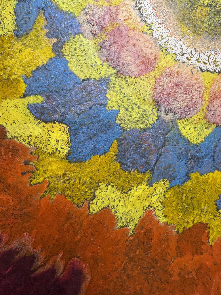 Vintage Japanese Abstract Painting 1969, Ashiya Artist Kako Yoshio, Acrylic on Canvas, Mandala Flower Composition, Titled Hana