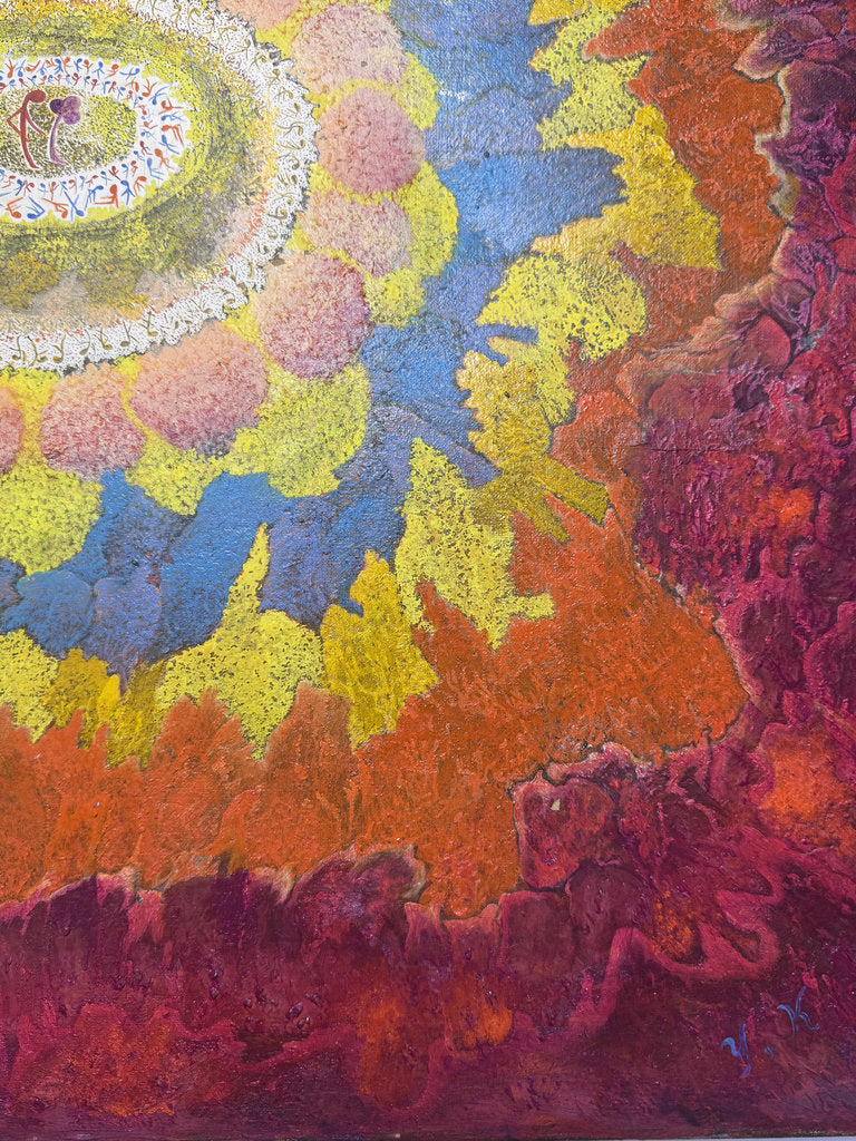 Vintage Japanese Abstract Painting 1969, Ashiya Artist Kako Yoshio, Acrylic on Canvas, Mandala Flower Composition, Titled Hana