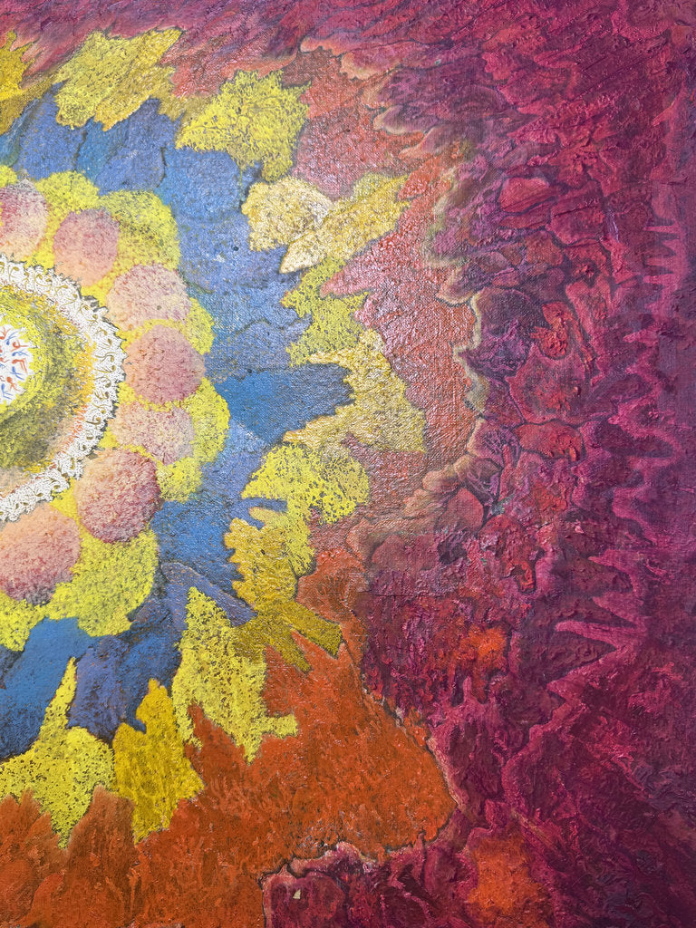 Vintage Japanese Abstract Painting 1969, Ashiya Artist Kako Yoshio, Acrylic on Canvas, Mandala Flower Composition, Titled Hana