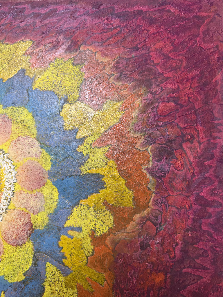 Vintage Japanese Abstract Painting 1969, Ashiya Artist Kako Yoshio, Acrylic on Canvas, Mandala Flower Composition, Titled Hana
