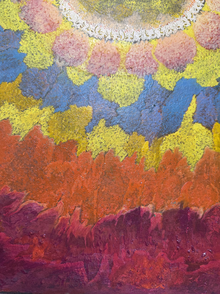 Vintage Japanese Abstract Painting 1969, Ashiya Artist Kako Yoshio, Acrylic on Canvas, Mandala Flower Composition, Titled Hana