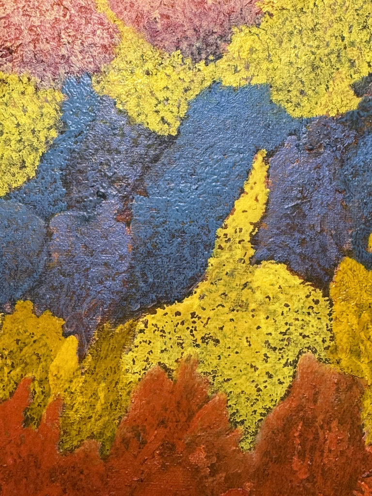 Vintage Japanese Abstract Painting 1969, Ashiya Artist Kako Yoshio, Acrylic on Canvas, Mandala Flower Composition, Titled Hana