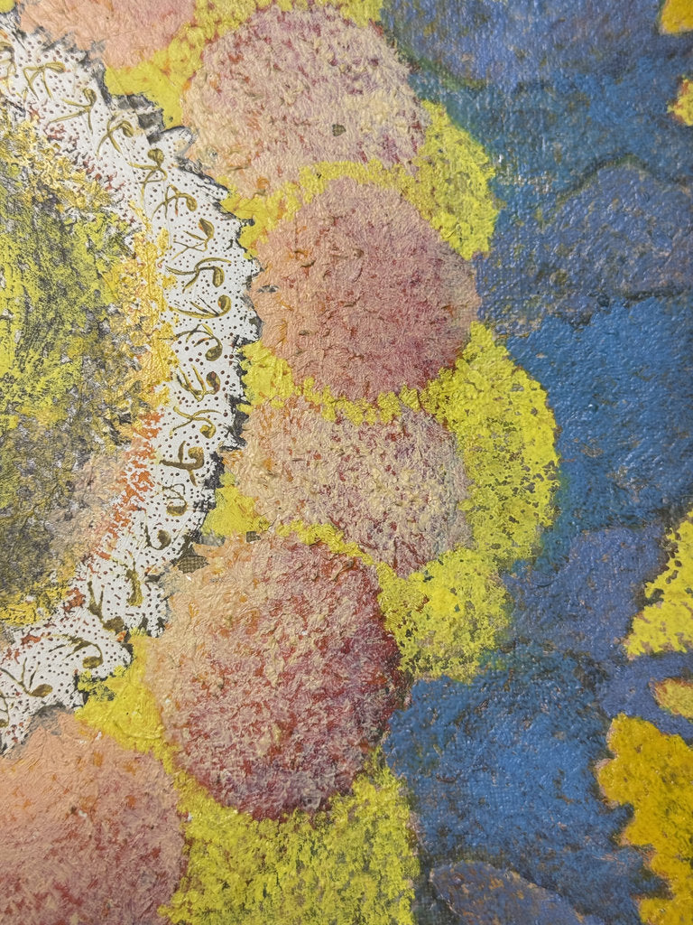 Vintage Japanese Abstract Painting 1969, Ashiya Artist Kako Yoshio, Acrylic on Canvas, Mandala Flower Composition, Titled Hana