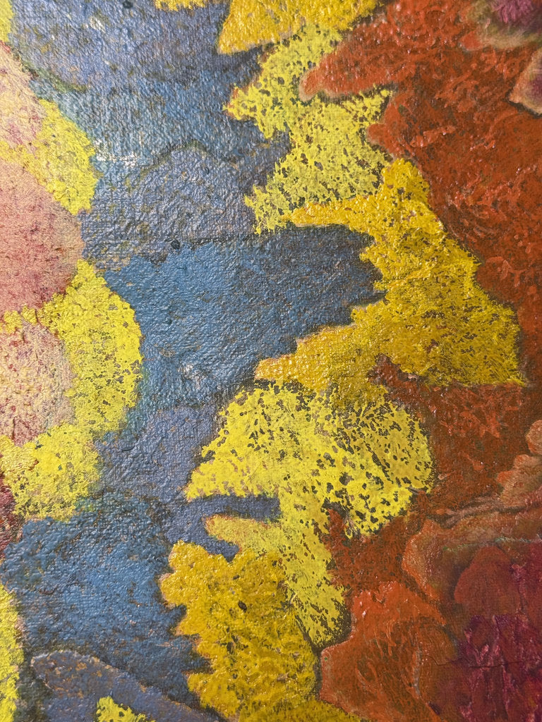 Vintage Japanese Abstract Painting 1969, Ashiya Artist Kako Yoshio, Acrylic on Canvas, Mandala Flower Composition, Titled Hana