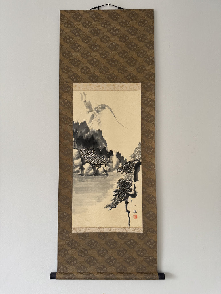 Vintage Japanese Sumi-e Ink Landscape Kakemono Set of 3, Sansuiga Triptych, Signed Kazuo, Silk Brocade Mounting, Genuine Age Foxing