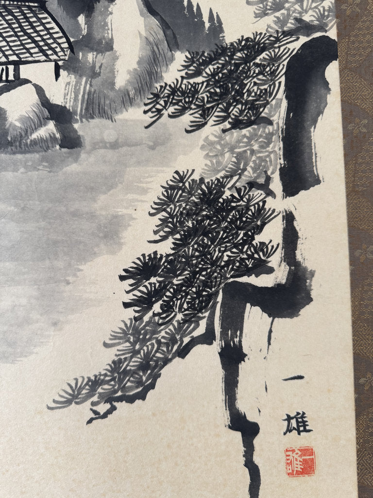 Vintage Japanese Sumi-e Ink Landscape Kakemono Set of 3, Sansuiga Triptych, Signed Kazuo, Silk Brocade Mounting, Genuine Age Foxing