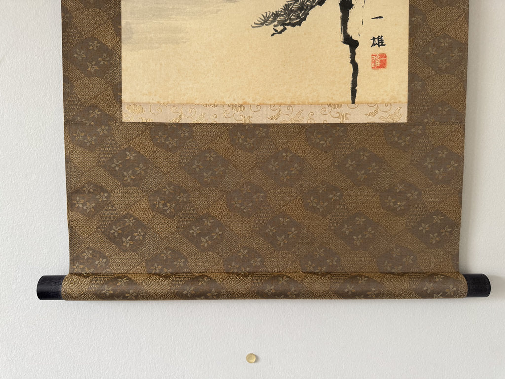 Vintage Japanese Sumi-e Ink Landscape Kakemono Set of 3, Sansuiga Triptych, Signed Kazuo, Silk Brocade Mounting, Genuine Age Foxing