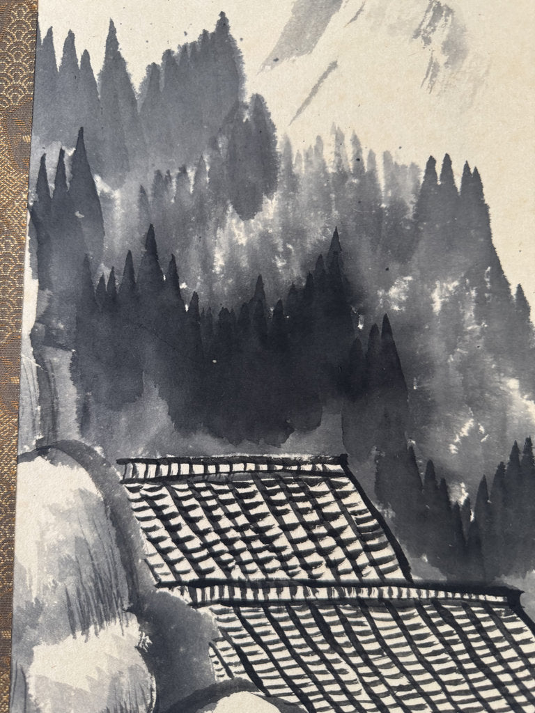 Vintage Japanese Sumi-e Ink Landscape Kakemono Set of 3, Sansuiga Triptych, Signed Kazuo, Silk Brocade Mounting, Genuine Age Foxing