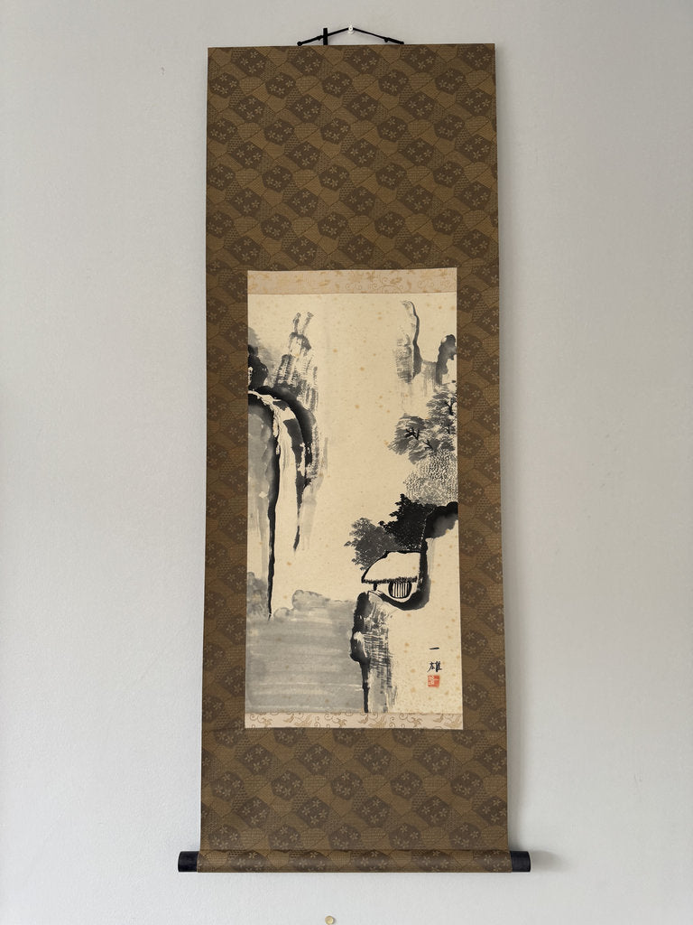 Vintage Japanese Sumi-e Ink Landscape Kakemono Set of 3, Sansuiga Triptych, Signed Kazuo, Silk Brocade Mounting, Genuine Age Foxing