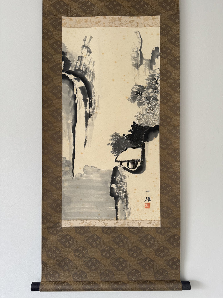 Vintage Japanese Sumi-e Ink Landscape Kakemono Set of 3, Sansuiga Triptych, Signed Kazuo, Silk Brocade Mounting, Genuine Age Foxing