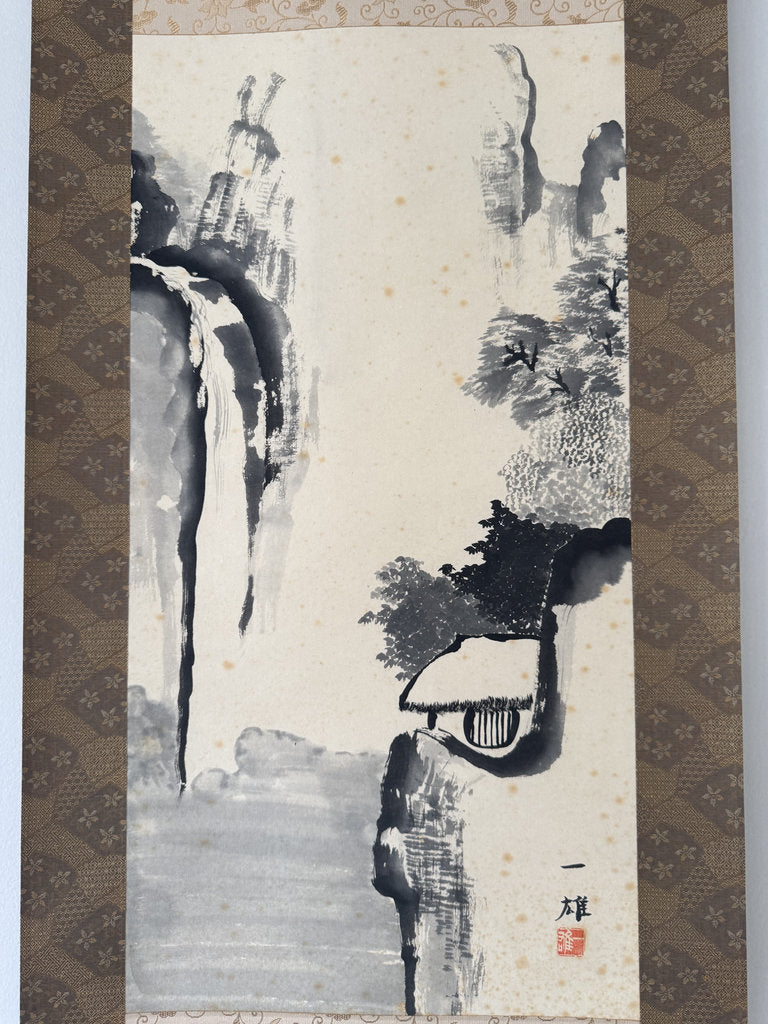 Vintage Japanese Sumi-e Ink Landscape Kakemono Set of 3, Sansuiga Triptych, Signed Kazuo, Silk Brocade Mounting, Genuine Age Foxing