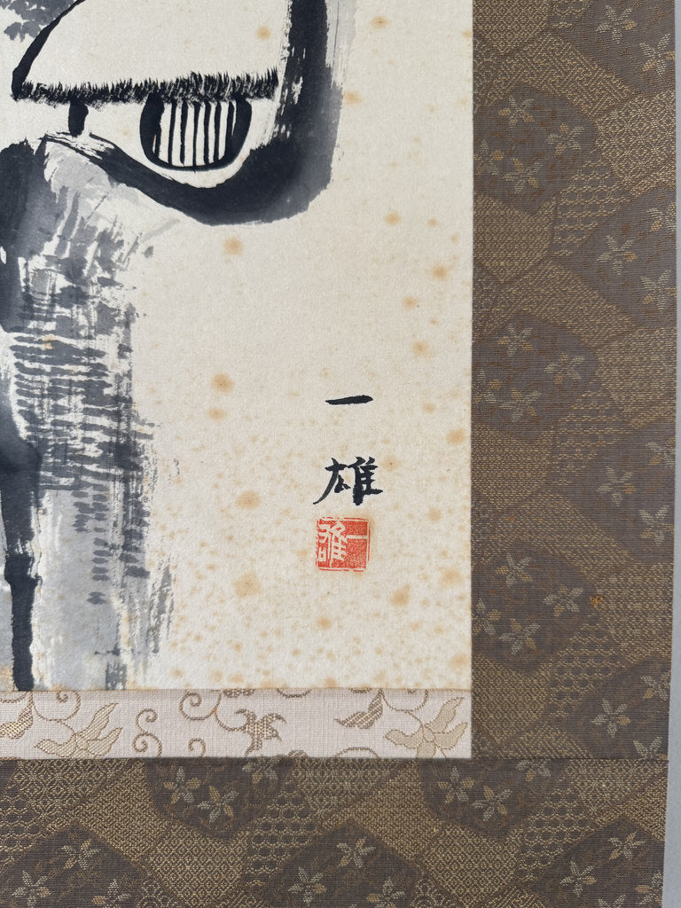 Vintage Japanese Sumi-e Ink Landscape Kakemono Set of 3, Sansuiga Triptych, Signed Kazuo, Silk Brocade Mounting, Genuine Age Foxing