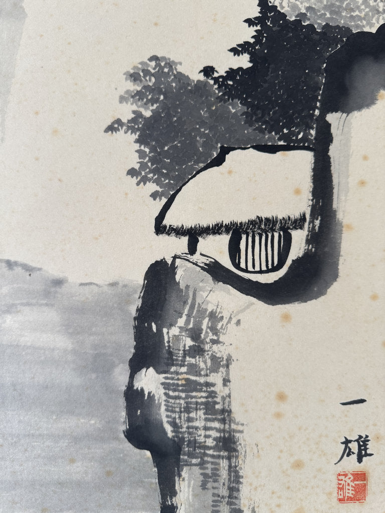 Vintage Japanese Sumi-e Ink Landscape Kakemono Set of 3, Sansuiga Triptych, Signed Kazuo, Silk Brocade Mounting, Genuine Age Foxing