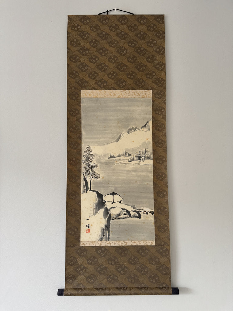 Vintage Japanese Sumi-e Ink Landscape Kakemono Set of 3, Sansuiga Triptych, Signed Kazuo, Silk Brocade Mounting, Genuine Age Foxing