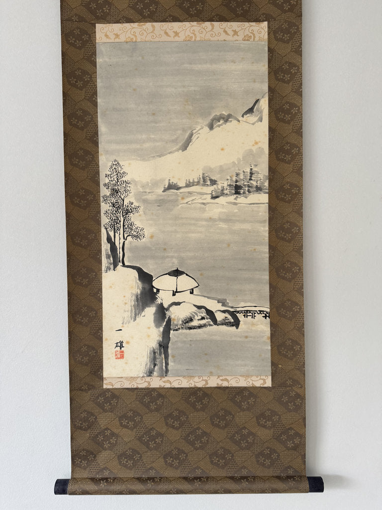 Vintage Japanese Sumi-e Ink Landscape Kakemono Set of 3, Sansuiga Triptych, Signed Kazuo, Silk Brocade Mounting, Genuine Age Foxing