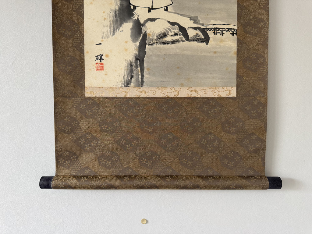Vintage Japanese Sumi-e Ink Landscape Kakemono Set of 3, Sansuiga Triptych, Signed Kazuo, Silk Brocade Mounting, Genuine Age Foxing