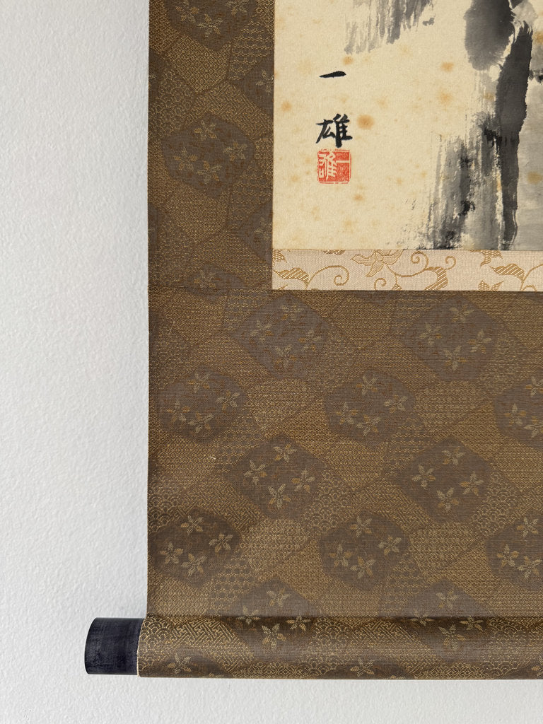 Vintage Japanese Sumi-e Ink Landscape Kakemono Set of 3, Sansuiga Triptych, Signed Kazuo, Silk Brocade Mounting, Genuine Age Foxing