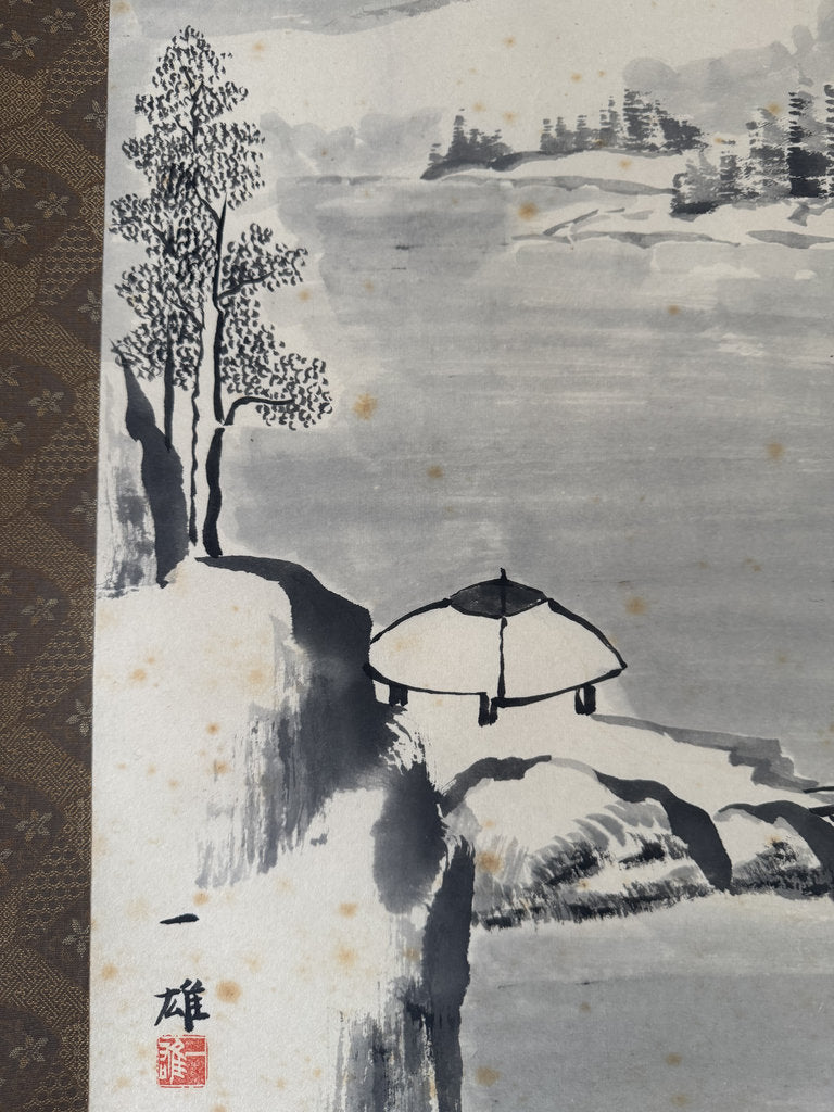 Vintage Japanese Sumi-e Ink Landscape Kakemono Set of 3, Sansuiga Triptych, Signed Kazuo, Silk Brocade Mounting, Genuine Age Foxing