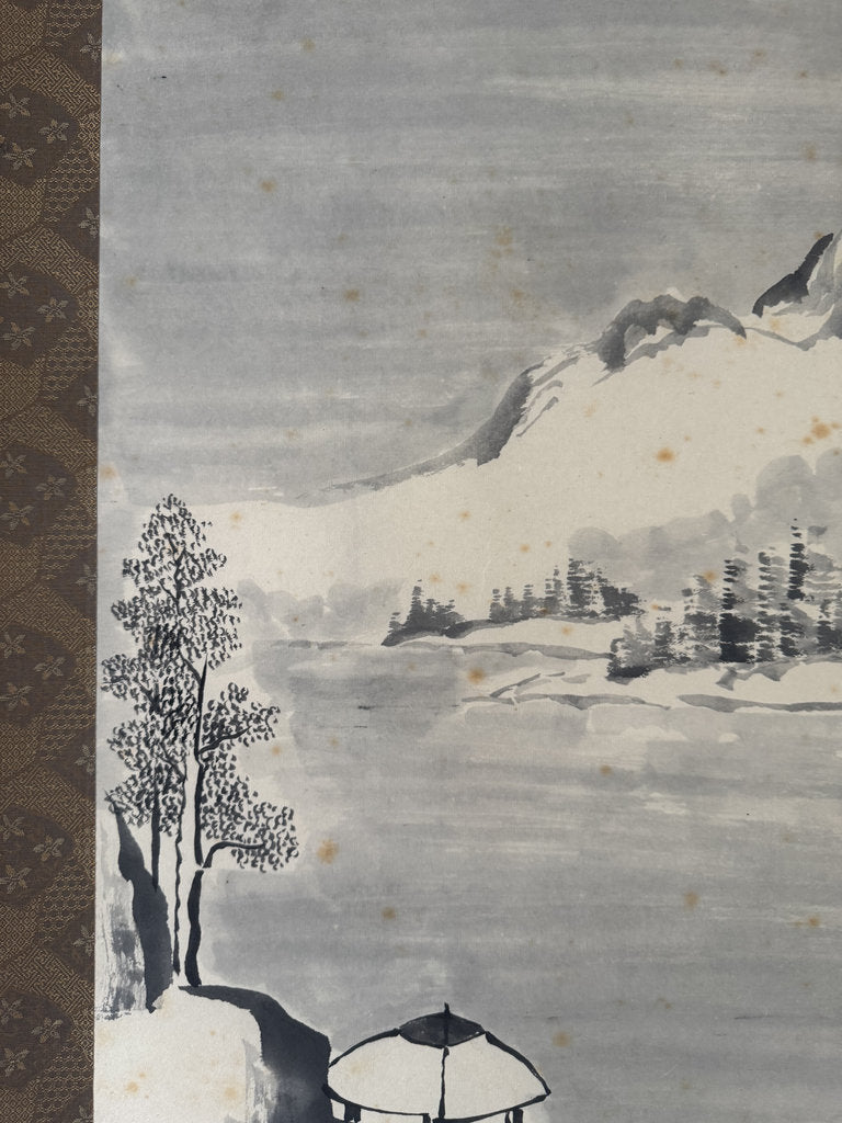 Vintage Japanese Sumi-e Ink Landscape Kakemono Set of 3, Sansuiga Triptych, Signed Kazuo, Silk Brocade Mounting, Genuine Age Foxing