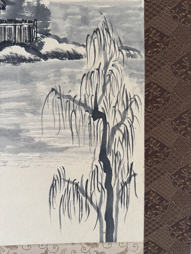 Vintage Japanese Sumi-e Ink Landscape Kakemono, Willow Tree and Mountain Lake, Signed Kazuo, Companion to Sansuiga Set