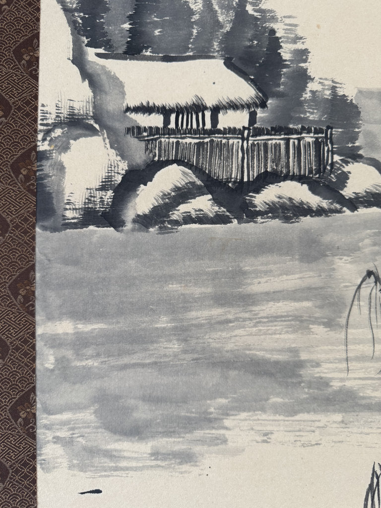 Vintage Japanese Sumi-e Ink Landscape Kakemono, Willow Tree and Mountain Lake, Signed Kazuo, Companion to Sansuiga Set