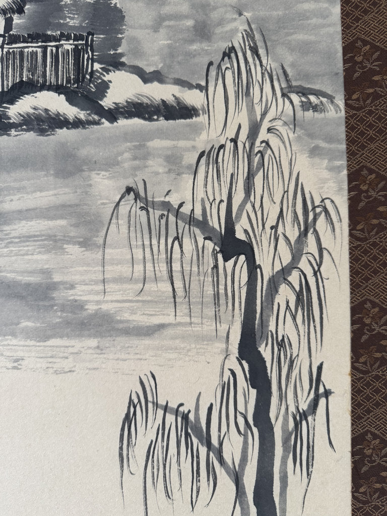 Vintage Japanese Sumi-e Ink Landscape Kakemono, Willow Tree and Mountain Lake, Signed Kazuo, Companion to Sansuiga Set