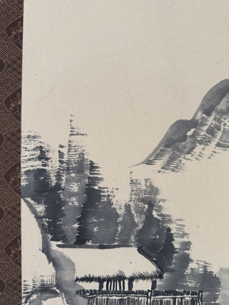 Vintage Japanese Sumi-e Ink Landscape Kakemono, Willow Tree and Mountain Lake, Signed Kazuo, Companion to Sansuiga Set