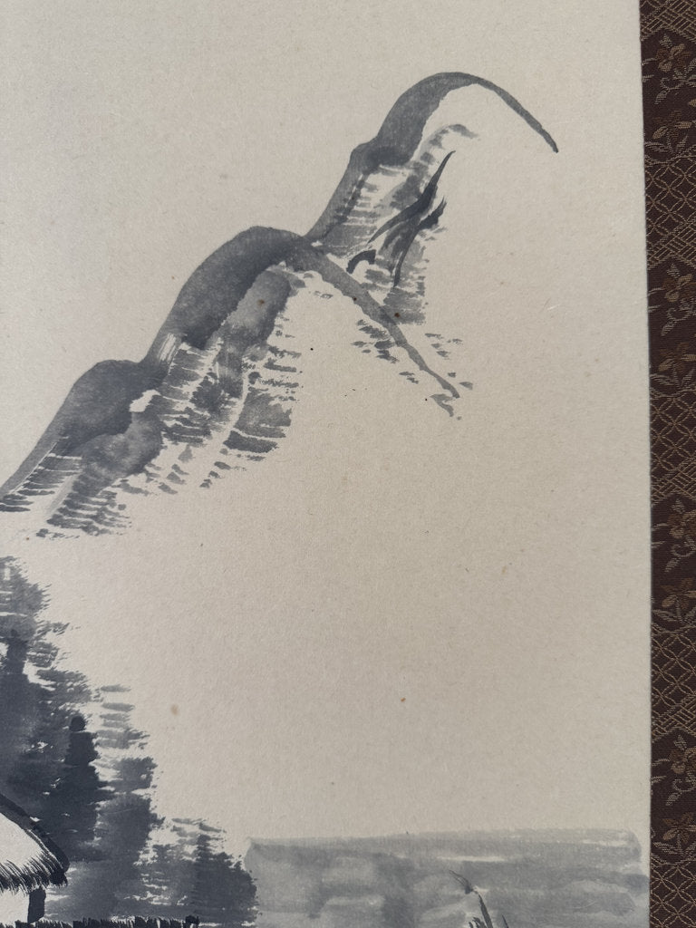 Vintage Japanese Sumi-e Ink Landscape Kakemono, Willow Tree and Mountain Lake, Signed Kazuo, Companion to Sansuiga Set