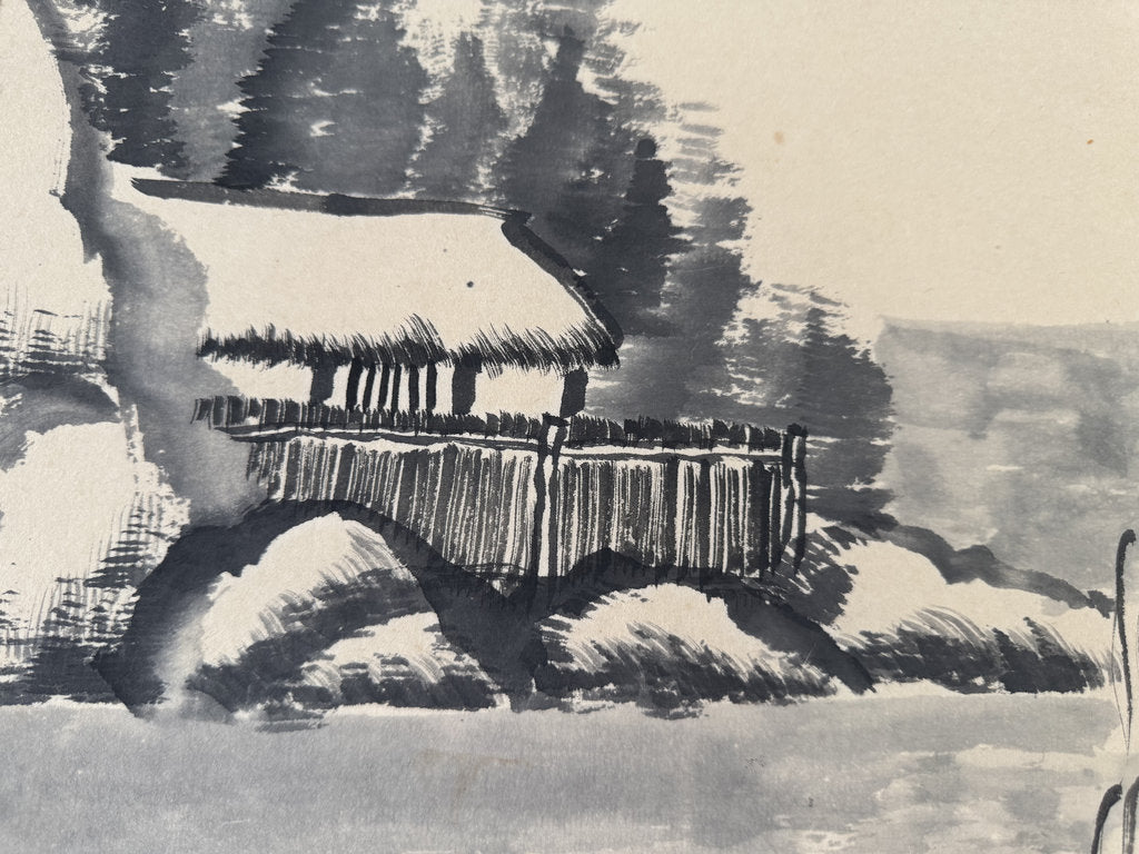 Vintage Japanese Sumi-e Ink Landscape Kakemono, Willow Tree and Mountain Lake, Signed Kazuo, Companion to Sansuiga Set