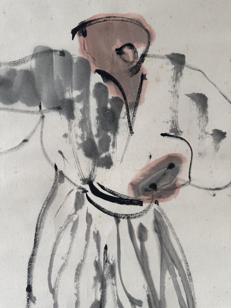 Antique Japanese Ink Painting, Sumo Referee Gyoji, Loose Brush Figure Sketch with Calligraphy, Kokugikan Reference
